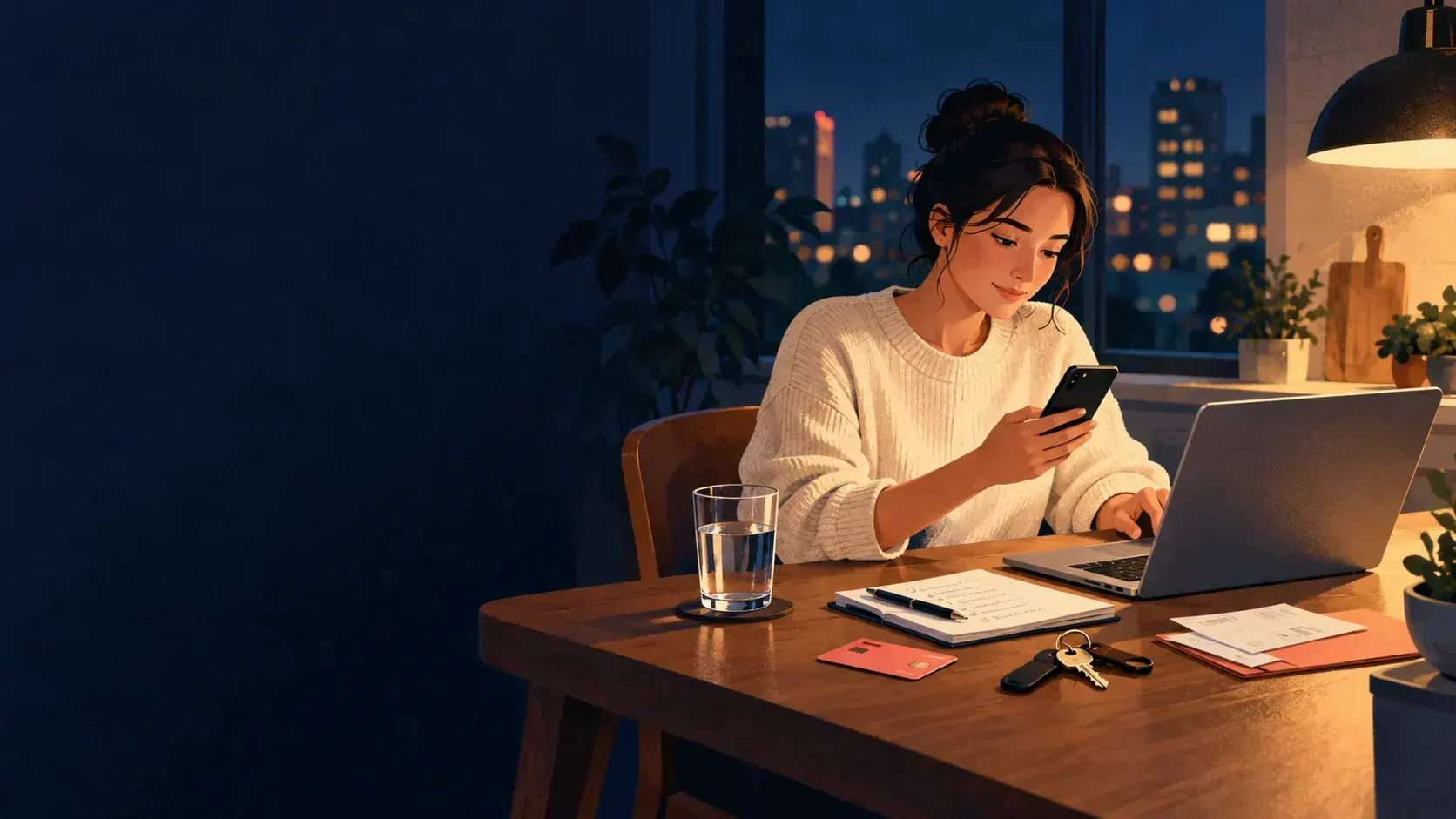 A person using a phone and laptop to organize a financial emergency action plan at night